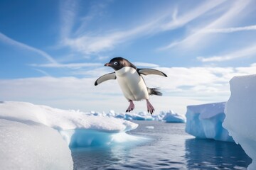 A penguin flying over an iceberg in the ocean - Powered by Adobe