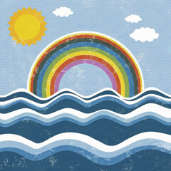 Clouds and ocean waves, rainbow background design