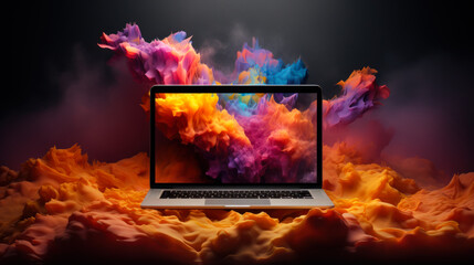 advertisement for creative high performance laptop with colors exploding from the display blending in background