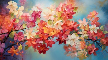 a vibrant floral painting, its blossoms and leaves radiating with vivid colors, conveying the beauty of nature through the lens of artistic interpretation and skill.