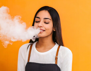 girl smoking with vaporizer, orange background, copy space