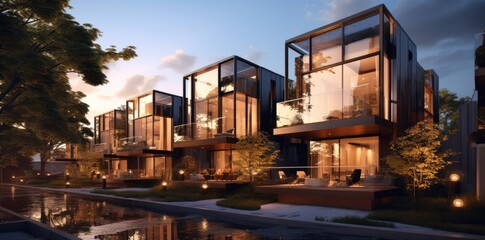 A rendering of a row of modern homes