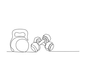 Continuous one line drawing of dumbbell - fitness equipment. Kettlebell ,and dumbbell outline vector illustration. - obrazy, fototapety, plakaty