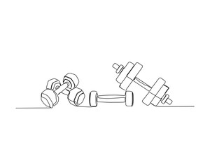 Continuous one line drawing of dumbbell - fitness equipment. Kettlebell ,and dumbbell outline vector illustration.