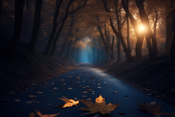 Forest Road. Evening forest. Fairy forest. AI generated