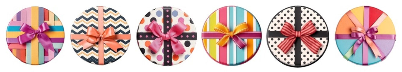 Circle round shape Gift present box with bow ribbon, fun pattern graphic collection on transparent background cutout. PNG file. Many assorted different design. Mockup template for artwork design