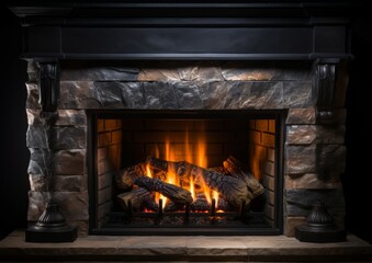 Decorative fireplace with a burning flame isolated on a black background