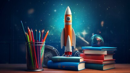 
Back To School - Books And Pencils With Rocket Sketch - obrazy, fototapety, plakaty