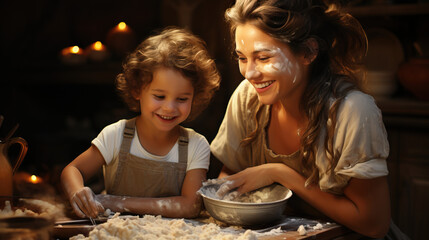 Mother and Child Baking Together, Covered in Flour and Sharing a Playful Moment. Concept of Joyful Cooking, Family Bonding, and Culinary Delight