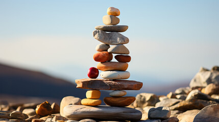 Rocks with Balance and Harmony, Stones Stacked in an Impossible Stack. Concept of Zen Serenity, Natural Equilibrium, and Artistic Stone Arrangement.