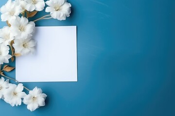 White flowers on a blue background with a white card