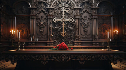 Obraz premium Cross and Religious Symbols on an Intricately Carved Wooden Altar in a Historic Church. Concept of Spiritual Heritage, Sacred Space, and Artistic Devotion.