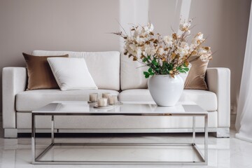 A Simple and Elegant Living Room with a White Couch and Coffee Table