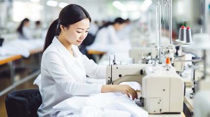 Focused young woman tailor with experience sews things from natural fabric using sewing machine