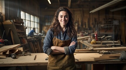 Portrait of carpenter woman smiling at factory