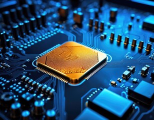 Green detailed closeup macro electronic printed circuit board for engineering and technology hardware electronics for computer industry