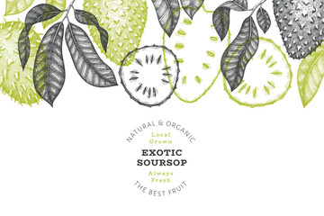 Hand drawn sketch style soursop fruit banner. Organic fresh fruit vector illustration. Retro guanabana design template - obrazy, fototapety, plakaty