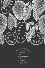 Hand drawn sketch style soursop fruit banner. Organic fresh fruit vector illustration on chalk board. Retro guanabana design template