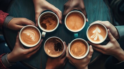 Closeup of people holding coffee latte art with high angle view. - Powered by Adobe
