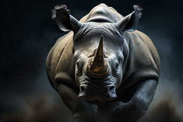 Linear and minimal depiction of a rhino in a charging pose, emphasizing the strength and power of the creature. - obrazy, fototapety, plakaty
