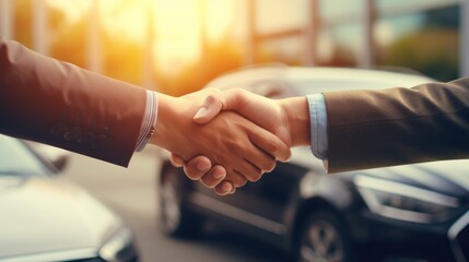 Customer shake hand with auto insurance agents after agreeing to terms of insurance with blurred car on background - obrazy, fototapety, plakaty