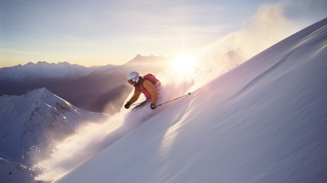 Enjoying skiing with the sun in the background