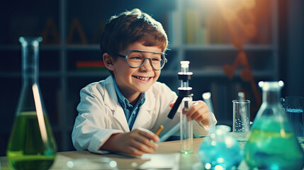 A little boy who dreams of being a scientist is doing a science experiment.