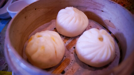 Close-up of the steamed prawn dumplings. Chinese traditional dim sum. Chinese food cultures. Chinese traditional food. Food concept.