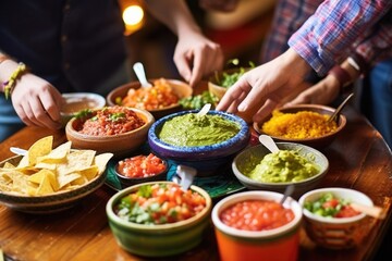 Obraz na płótnie Canvas friends sharing guacamole and salsa at a mexican restaurant