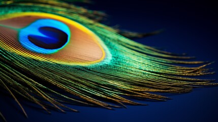 Fototapeta premium Elegant exotic macro artful beautiful natural close-up peacock feather on dark blue background