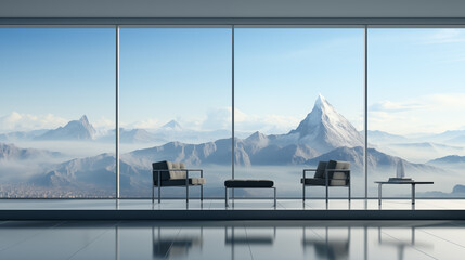 minimal interior design office space with glass curtain wall, snowy peak in the background, success - obrazy, fototapety, plakaty