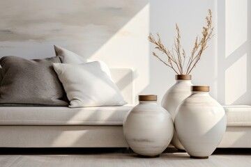 Fototapeta na wymiar Three White Vases on a White Couch