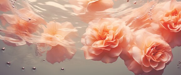 Romantic creative layout with roses floating in water. Minimal nature abstract backdrop. Spa and...