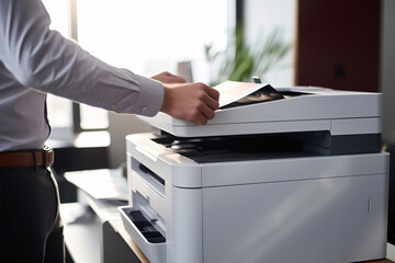 Businessman print paper on a multifunction laser printer in business office. Document and paperwork. Secretary work. Copy, print, scan, and fax machine. Print technology. Photocopy. - obrazy, fototapety, plakaty