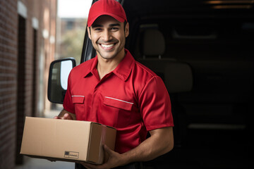 Delivery courier service. Delivery man in red cap and uniform holding a cardboard box near a van truck delivering to customer home. Smiling man postal delivery man delivering a package. - obrazy, fototapety, plakaty