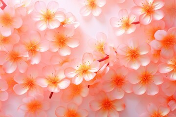Cherry flower pattern. Spring flowers on light pink background for card, banner, wallpaper, poster with copy space. Beautiful spring concept. Flat lay, top view. Peach fuzz color of the year 2024