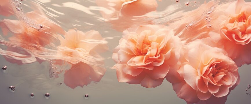 Romantic creative layout with roses floating in water. Minimal nature abstract backdrop. Spa and cosmetic concept background, banner, card. Valentine or woman day. Peach fuzz - color of the year 2024
