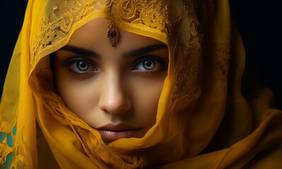 Close up portrait of young Indian Woman Covering Part of Her face With Her Yellow Sari. Close up portrait of young Indian woman covering part of her face with a yellow cloth. 