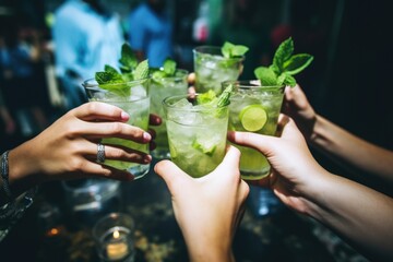 hands toasting with mojito cocktails at a party - obrazy, fototapety, plakaty