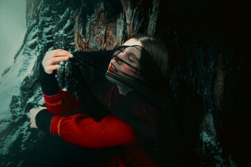 Portrait of a beautiful young girl in a Slavic red suit, who is sitting on a snowy day near a dark...