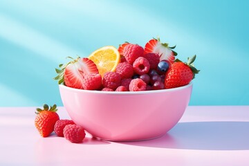 A pink bowl filled with lots of fruit