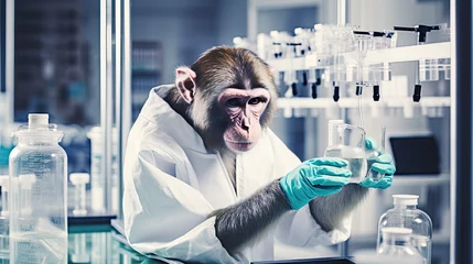 Gordijnen Little monkey wants to be a scientist, doing science experiments. © kittikunfoto