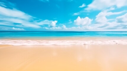 Fototapeta na wymiar Tropischer Strand im Sommer mit türkisfarbenem Meer und blauem Himmel. Sommerurlaub. Platz für Text