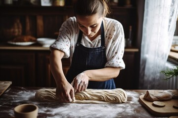 woman braiding dough of sprouted grain bread - obrazy, fototapety, plakaty