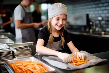 girl packaging sweet potato fries for take-away