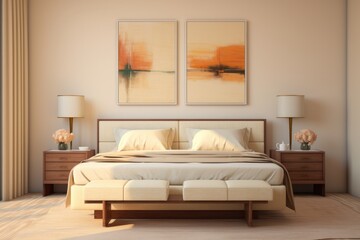 A Cozy Bedroom with a Spacious Bed and Artful Wall Decor