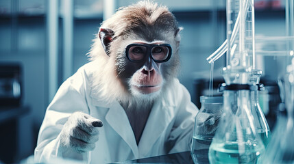 Little monkey wants to be a scientist, doing science experiments.
