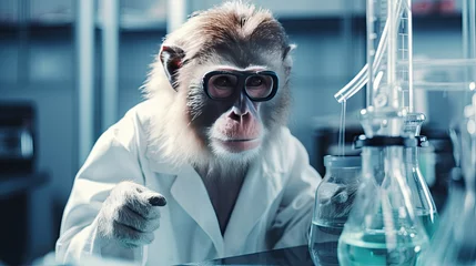 Fototapeten Little monkey wants to be a scientist, doing science experiments. © kittikunfoto