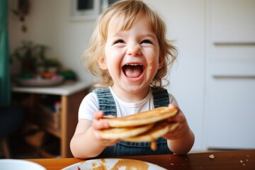 toddler gleefully devouring vegan pancakes - obrazy, fototapety, plakaty