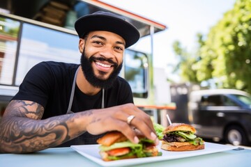 man leaning on counter with vegan sandwich at a food truck